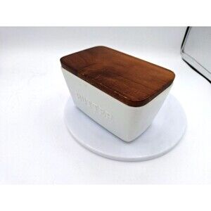 Better‎ Homes Gardens Porcelain Embossed Butter Dish Farmhouse Acacia Wood White